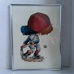 Arthur A. Kaplan Co. Framed Litho Print Cartoon Boy and Baseball 1978